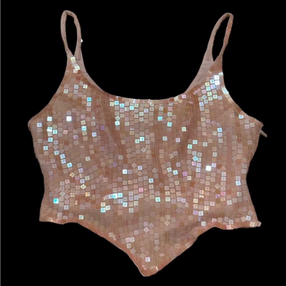 Vintage Basix Baby Pink and Iridescent Silk Cropped Camisole Top 2000s Y2K NYE